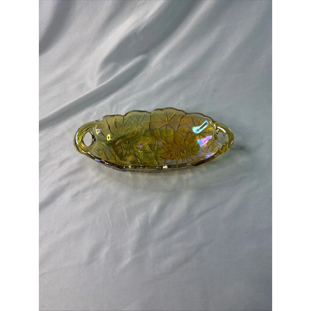 Vintage Sunflower Carnival Glass Relish Dish Marigold Iridescent Amber Tray